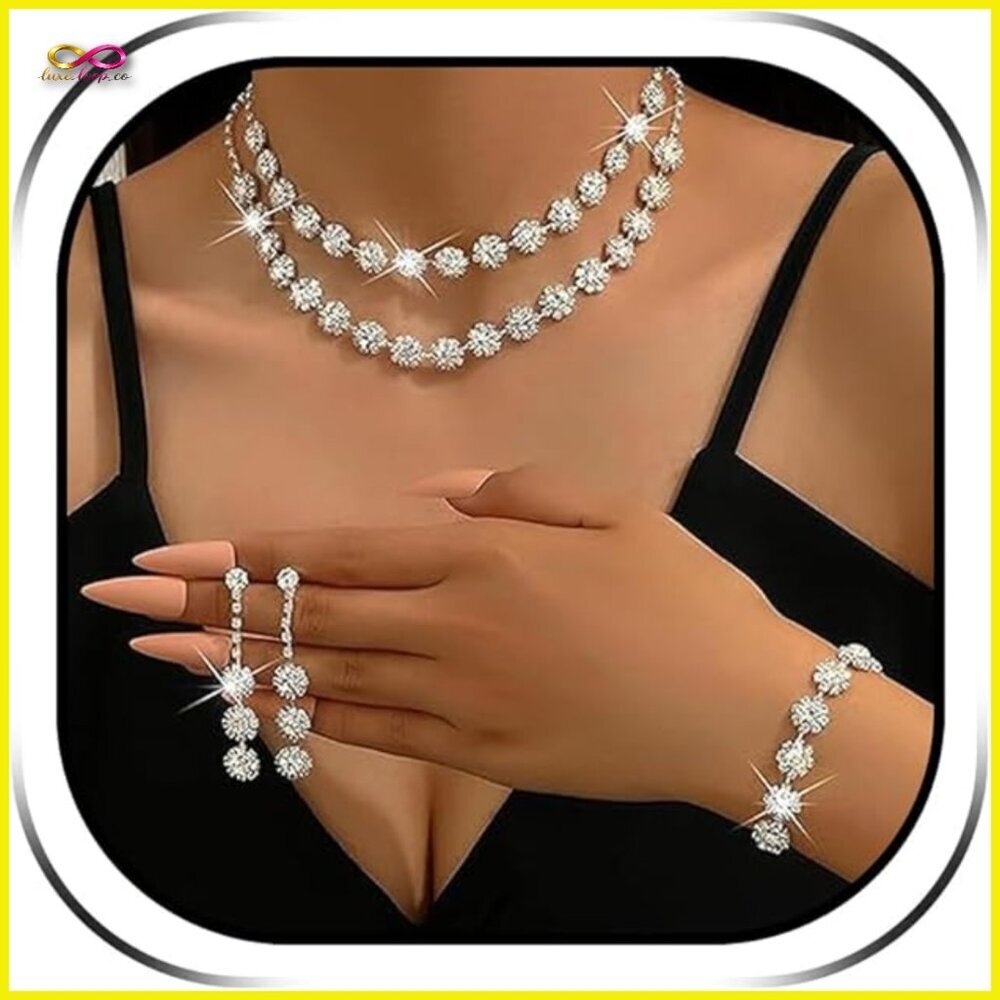 Silver Rhinestone Jewelry Set Elegant Formal Wedding Prom Accessories